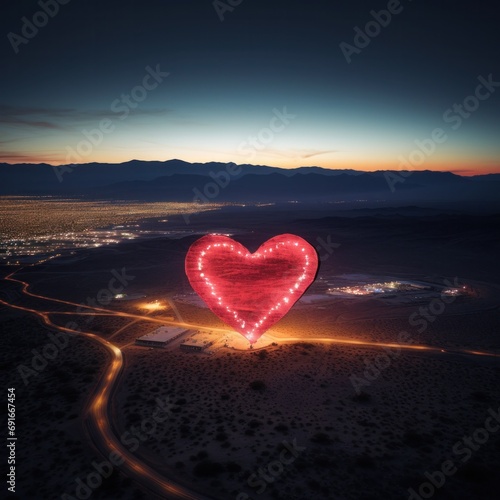 A radiant heart-shaped structure hovers above a desert town  cast in night s embrace