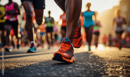 Fényképezés Close-up of runners' feet in motion at sunrise marathon, capturing the dynamic e