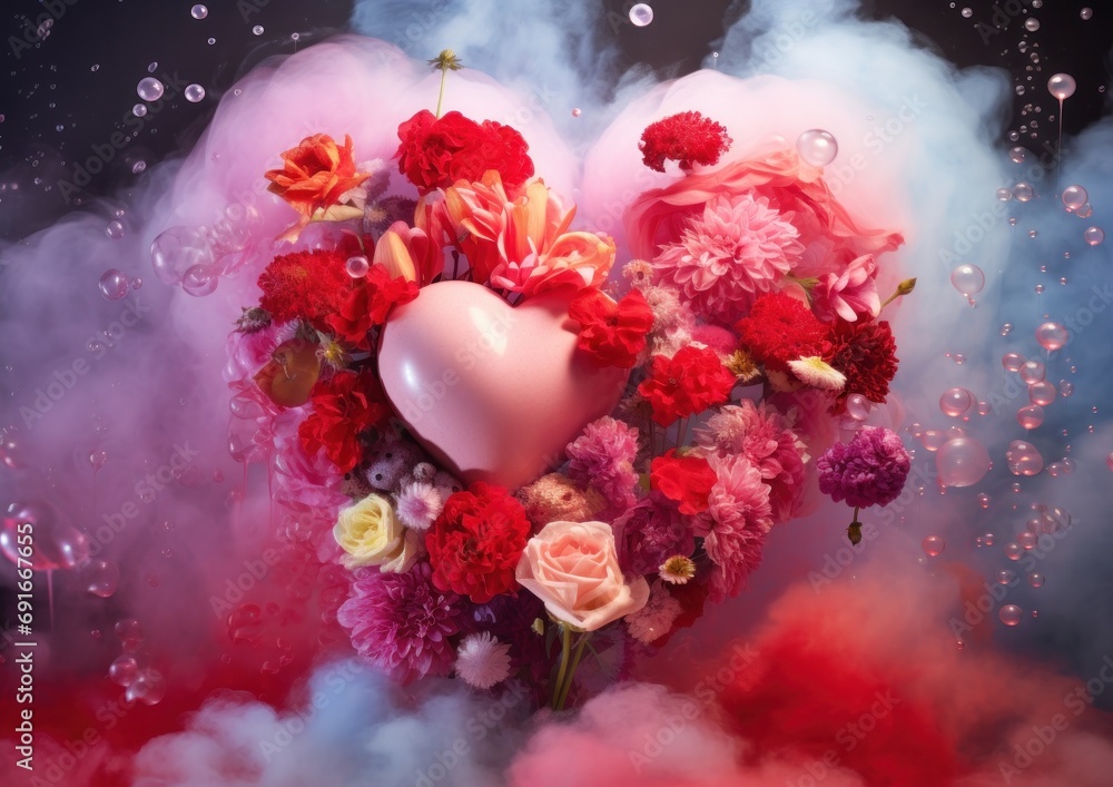 Elegant and dreamy floral arrangement with a matte pink heart balloon surrounded by mist and soft blooms