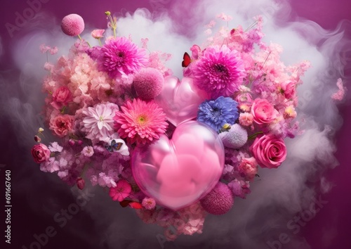 An ethereal bouquet of flowers and heart balloons floating in a pink misty dreamscape invokes romance