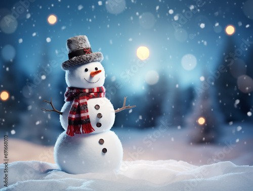 Merry christmas and happy new year greeting card with copy-space.Happy snowman standing in christmas landscape
