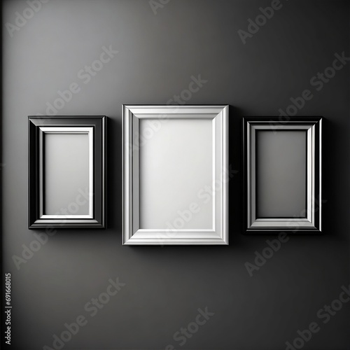A trio of empty frames in different sizes and colors, including a silver metal frame, a black wooden frame, and a white plastic frame, positioned in a

