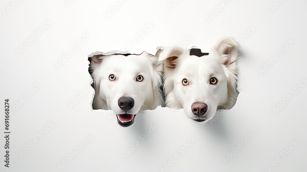 two dogs playfully peek through holes on a white background, resembling interactive artwork, detailed portraits of the white and brown dogs, presenting the composition in a minimalist modern style. two dogs playfully peek through holes on a white background, resembling interactive artwork, detailed portraits of the white and brown dogs, presenting the composition in a minimalist modern style.