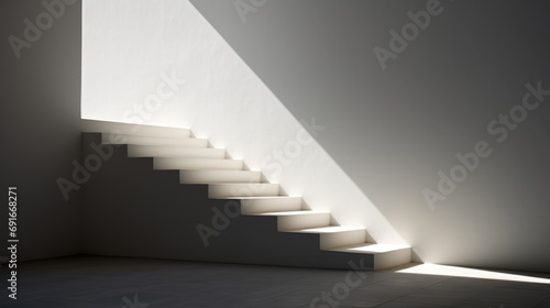  a set of stairs in a white room with a light coming from the top of one of the steps and the bottom of the stairs to the bottom of the second.