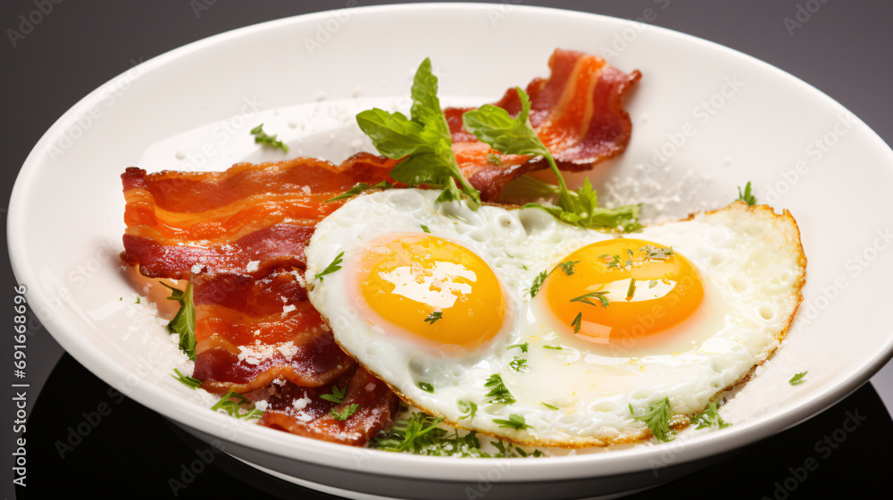 Close-Up of Bright and Tasty Bacon and Eggs Close-Up of Bright and Tasty Bacon and Eggs