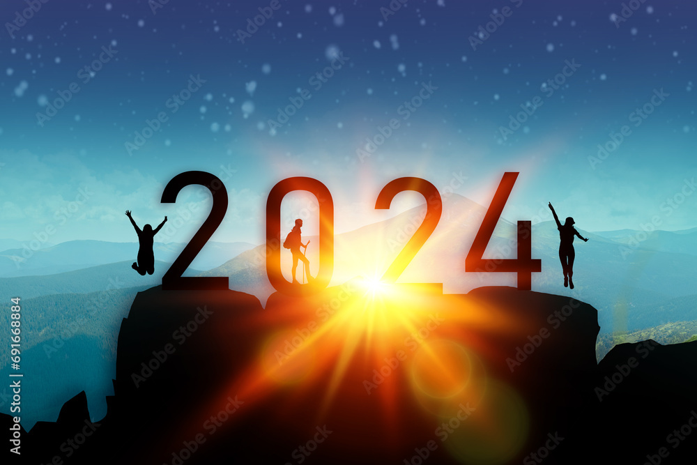 Loading year 2024. Successful lucky man to the top of the mountain from 2024 year number. Business start up or goal to success - obrazy, fototapety, plakaty 