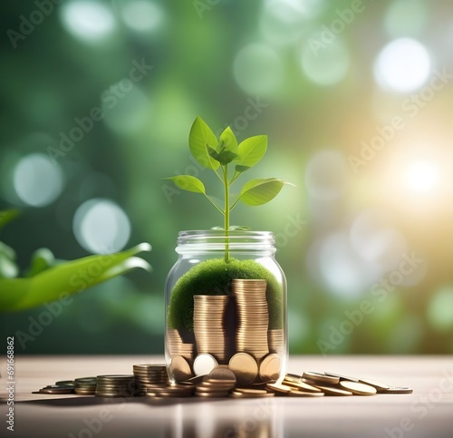 A glass jars with plants growing from money investment and financial metaphor