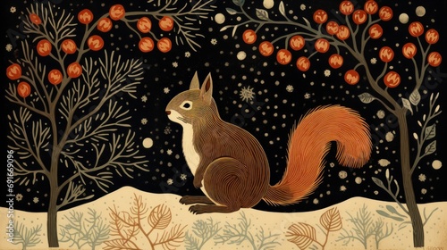  a painting of a squirrel sitting in the snow under a tree with berries on it and a snowflaker in the background with snowflakes and berries on the branches. photo