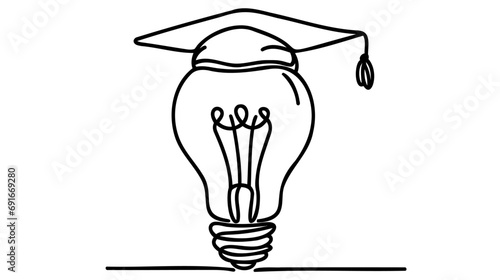 One single line drawing of bright lightbulb wearing graduation cap identity.
