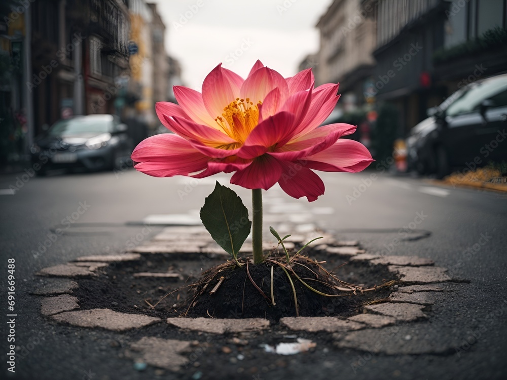 a giant flower growing in the middle of a street
