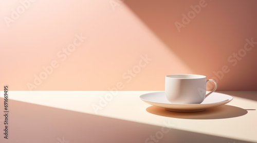  a white coffee cup sitting on top of a saucer on top of a white plate with a shadow of a light coming through the top of the coffee cup.