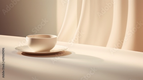  a coffee cup sitting on top of a saucer on top of a white table next to a window with a curtain in the backgroup of it.