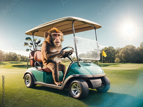 a monkey driving a golf cart. © Meeza