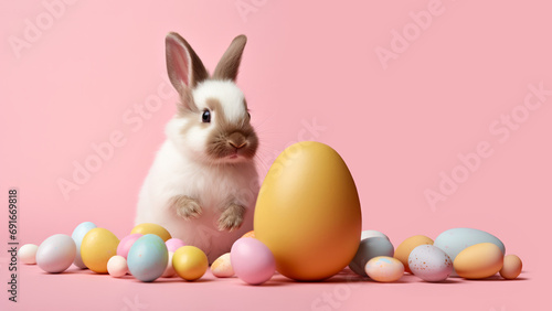 Easter bunny with colorful chocolate eggs on pink background
