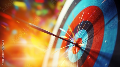  a close up of a dart hitting in the center of a target with a blurry background of the dart hitting in the center of the center of the target. photo