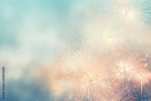 New Years Eve Celebrations, with vibrant Multicolored Fireworks Display Against Dark Backdrop. Gold fireworks on dark blue and bokeh background