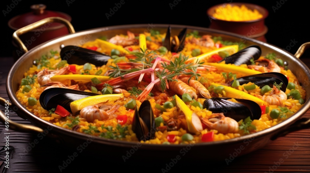  a large pan filled with lots of different types of food on top of a wooden table next to a pot of food on top of a wooden table with utensils.