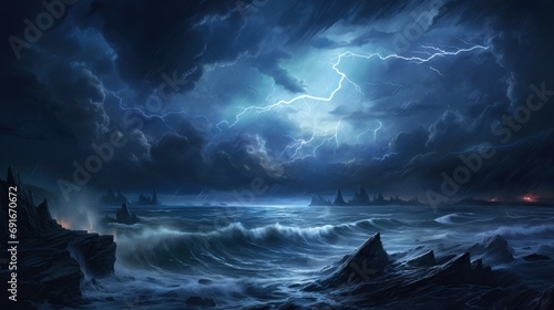  a painting of a storm in the middle of the ocean with a ship in the foreground and a ship in the distance in the middle of the foreground.