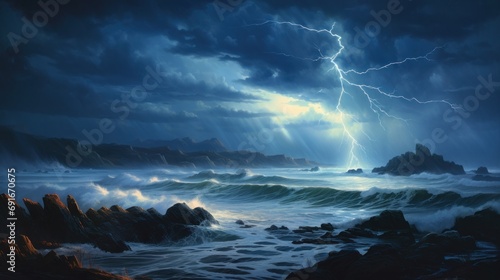  a painting of a storm over a body of water with rocks in the foreground and a lighthouse in the distance with a lightning bolt in the middle of the sky.