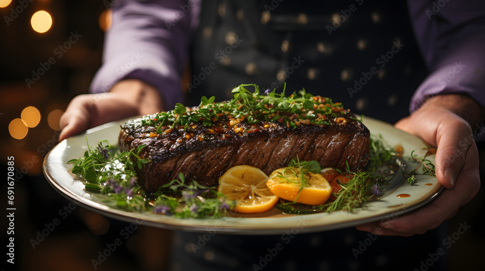chef's hands delicately holding a perfectly cooked steak on a plate, garnished with herbs