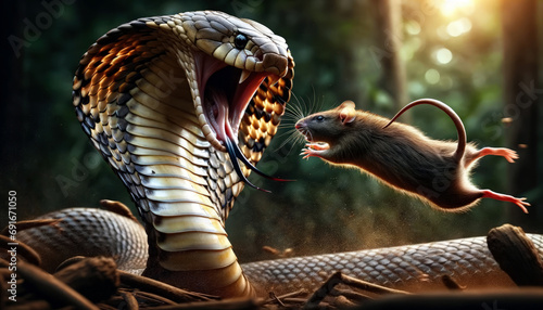 Cobra or Indian cobra or Naja naja or spectacled cobra or Asian cobra or binocellate snake. Poisonous snake Cobra with its mouth open and its tongue out hunting a rat. Generative Ai photo