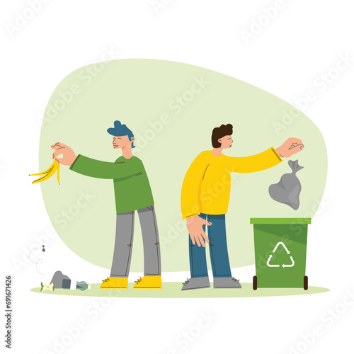 People throw away garbage in the right and wrong ways. Sorting trash. Care for the environment or disregard. Sustainable lifestyle. Save planet. Vector hand drawn illustration in flat style. Not ai.