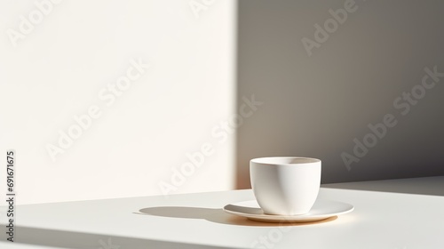 a white coffee cup sitting on top of a saucer on top of a white table with a shadow of a white wall behind it and a white wall behind it.