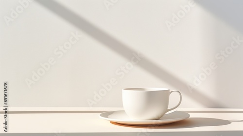  a white coffee cup sitting on top of a saucer on top of a white counter next to a shadow of a wall and a light coming through a window.