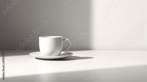  a white coffee cup sitting on top of a saucer on top of a white table next to a shadow of a wall and a white wall in the background.