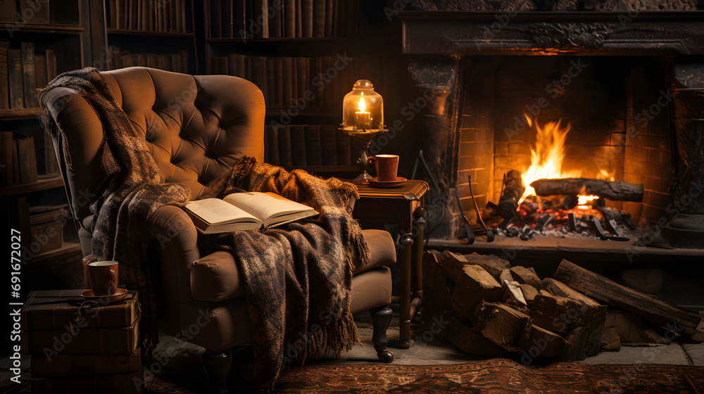 old-fashioned chair by a fireplace, with blanket - obrazy, fototapety, plakaty 