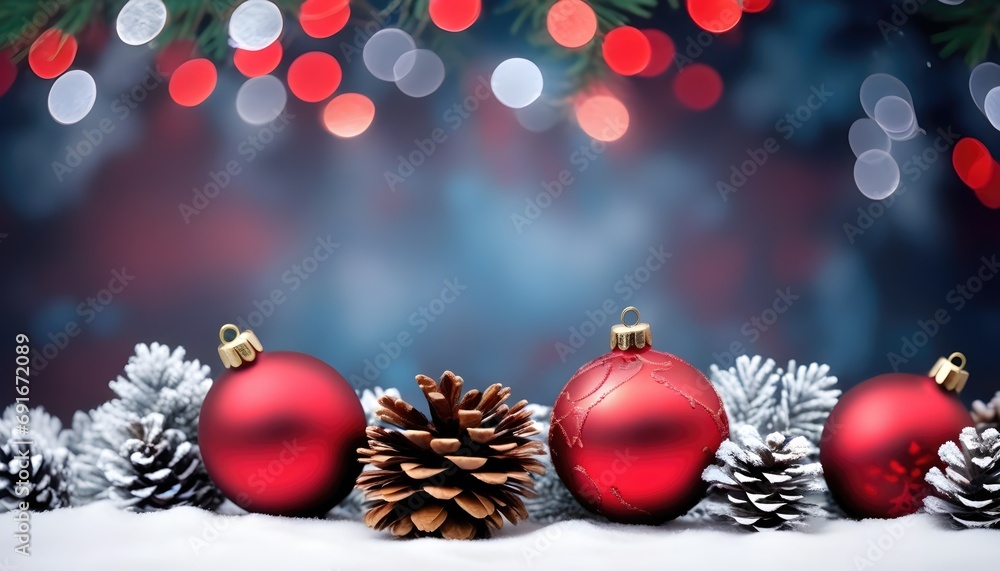 Christmas background with shiny red balls and pine cones.