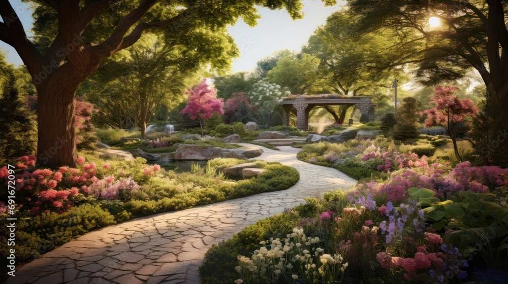  a painting of a garden with a stone path leading to a gazebo and a gazebo in the distance with trees, shrubs, and flowers, and rocks. - obrazy, fototapety, plakaty 