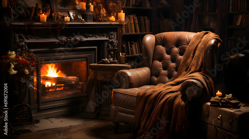 old-fashioned chair by a fireplace, with blanket