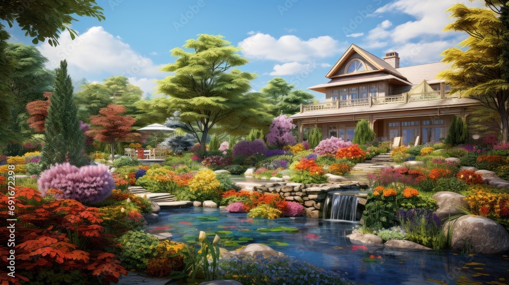 a painting of a garden with a house in the background and a stream ...
