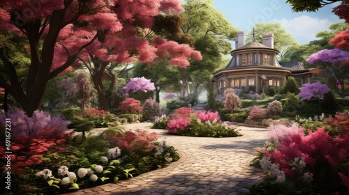  a painting of a house in the middle of a garden with pink and white flowers on the ground and a brick path leading to the front of the house and trees.