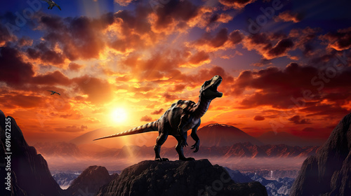 an epic dinosaur wallpaper artwork, trex standing on top of a mounting screaming in front of sunset © Sternfahrer