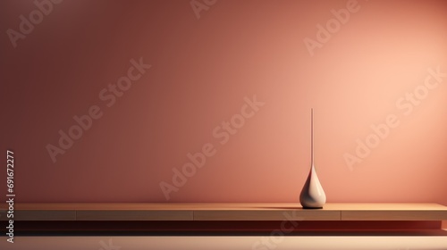  a white vase sitting on top of a wooden table in front of a red wall with a light coming in from the top of the vase on top of the table. #691672277