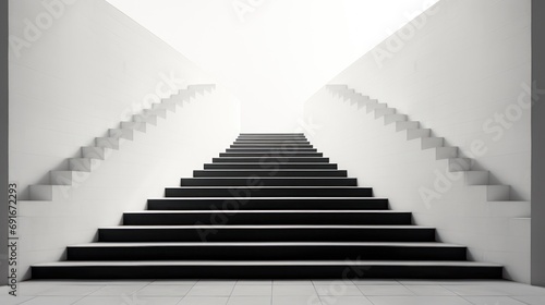  a set of black and white stairs leading up into a white room with light coming in from the ceiling and a skylight at the top of the staircases.