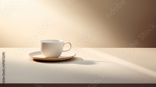  a white coffee cup sitting on top of a saucer on top of a white table next to a cup of coffee on top of a saucer on a saucer.