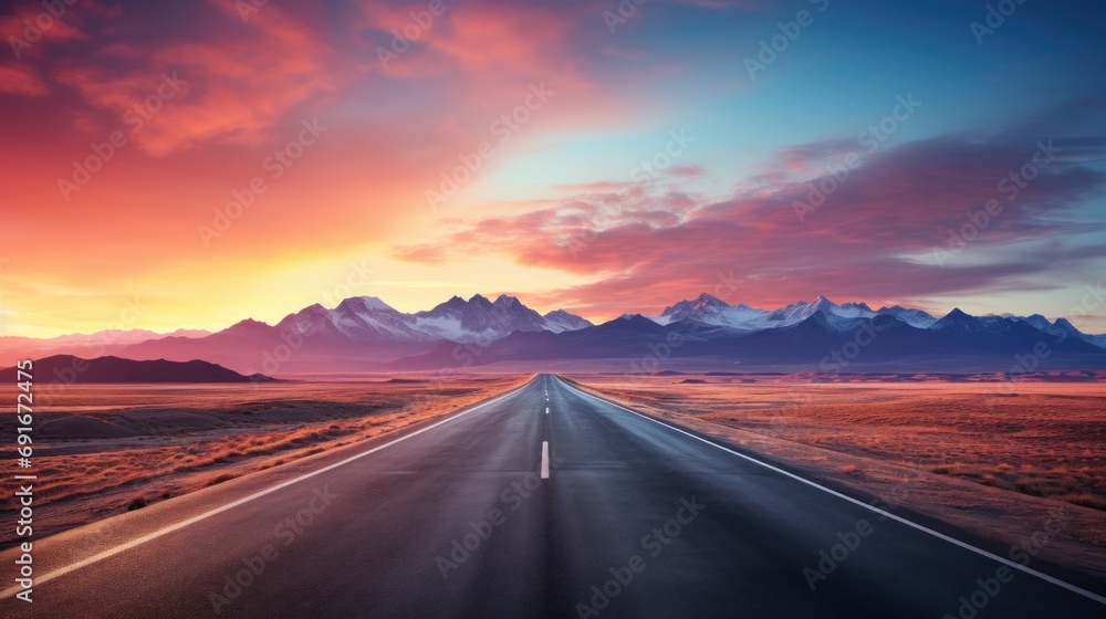  a long stretch of road in the middle of a desert with a mountain range in the background and a pink and blue sky with a few clouds in the foreground. - obrazy, fototapety, plakaty 