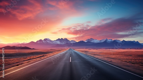  a long stretch of road in the middle of a desert with a mountain range in the background and a pink and blue sky with a few clouds in the foreground. photo