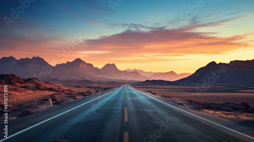  a long road in the middle of a desert with a mountain range in the background and a sunset in the middle of the road in the middle of the middle of the picture. photo