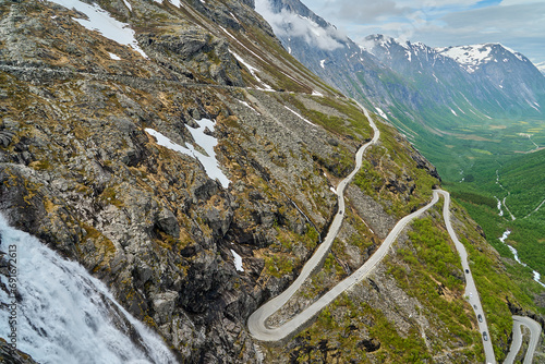 Switchbacks of the narrow mountain road at the Trollstigen