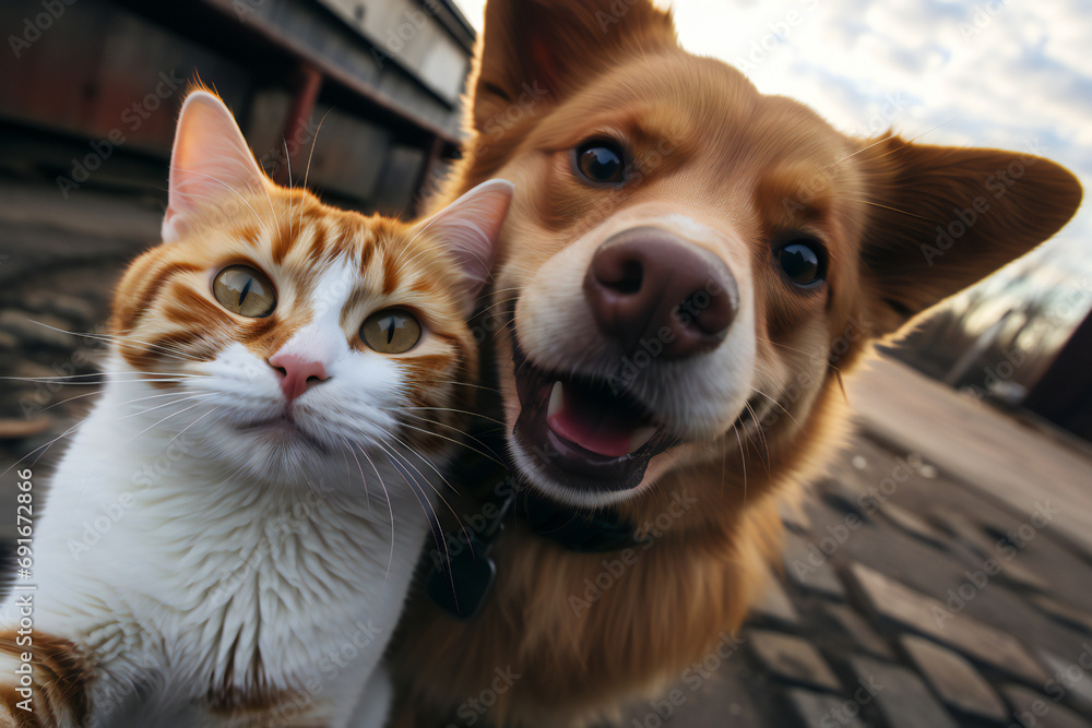 Funny selfie of smiling cat and dog in the street. Happy lifestyle