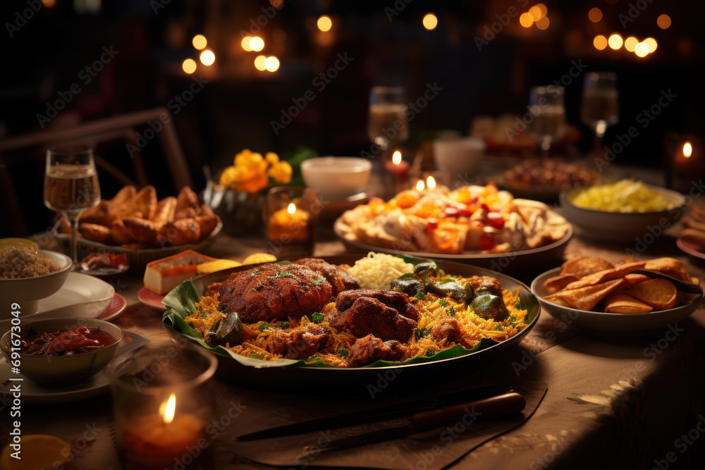 A plate of diverse international cuisines, embodying the tradition of enjoying a feast with loved ones to welcome the new year. Concept of cultural unity and shared meals. Generative Ai. A plate of diverse international cuisines, embodying the tradition of enjoying a feast with loved ones to welcome the new year. Concept of cultural unity and shared meals. Generative Ai.