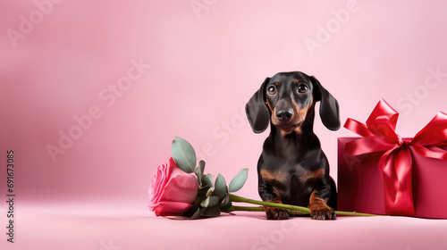 dachshund dog looking to camera by present and holding rose over pink background with copy space photo