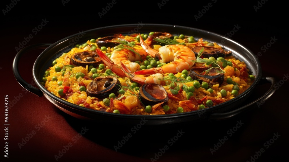  a pan of paella with shrimp, mussels, peas, peas and mussels on a red table with a red table cloth and a black background.