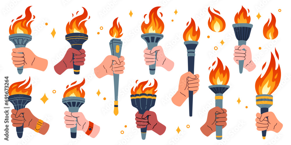 Olympic torch set. Vector isolated burning torches flames in hands. Symbols of relay race, competition victory, champion