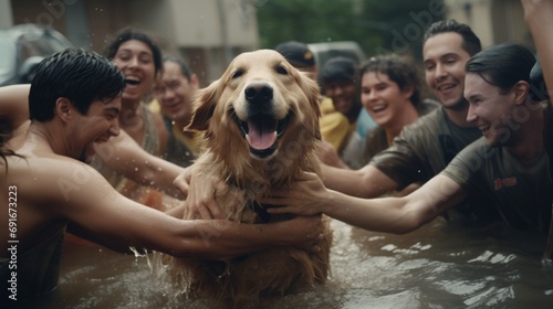 A golden retriever wagging its tail with joy after being rescued from a flooded area, surrounded by caring volunteers photo
