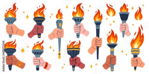 Olympic torch set. Vector isolated burning torches flames in hands. Symbols of relay race, competition victory, champion © spirka.art